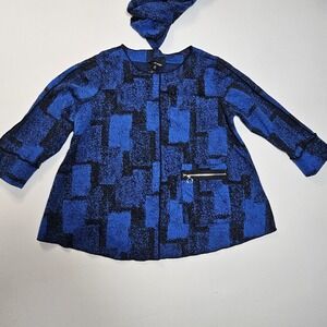 Ali Miles PM Blue Black Textured Jacket Top Zip Pocket Detachable Scarf Cotton